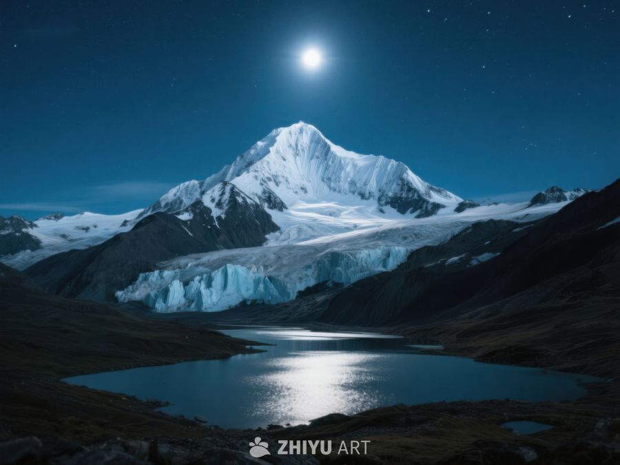 月光下的雪山与湖泊 506