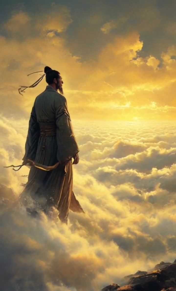 云端长袍男子眺望金色天际日出或日落