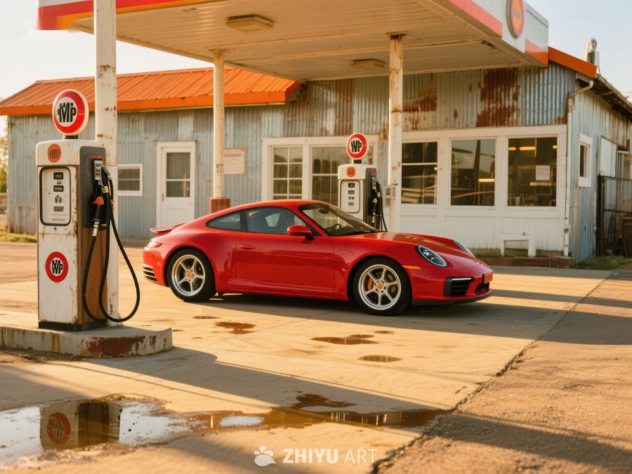 红色跑车停靠在复古加油站 125