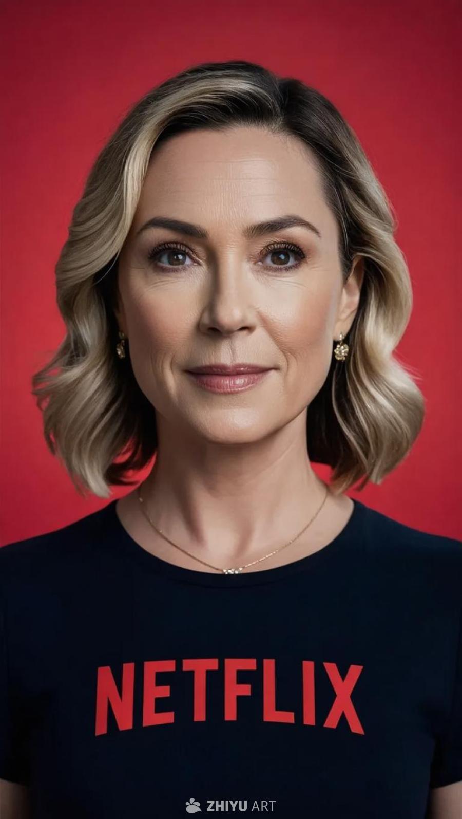 一位女性，她穿着印有红色“NETFLIX”字样的深