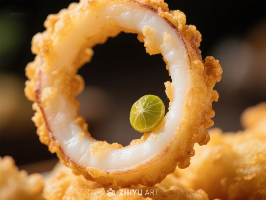 金黄酥脆的鱿鱼圈配青柠