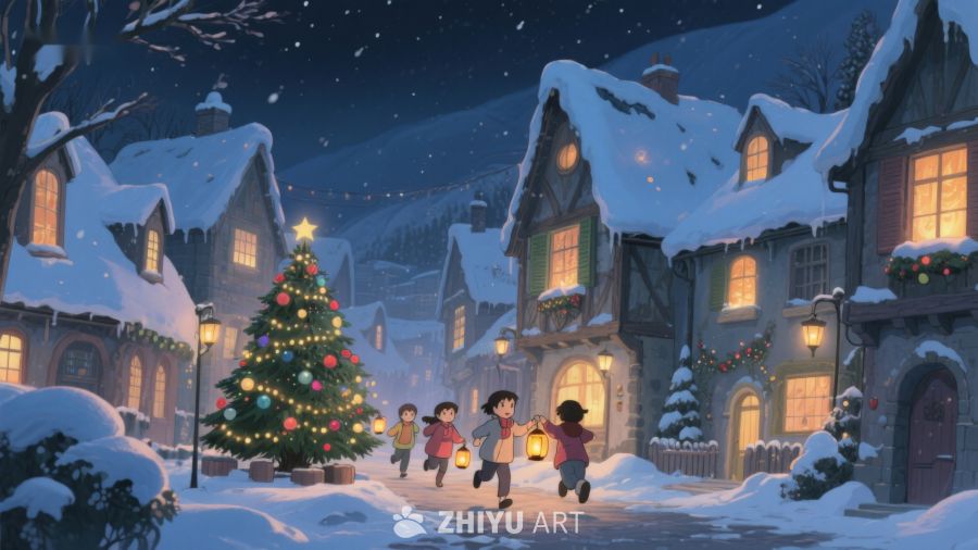 雪夜小镇的圣诞树与孩子们 431