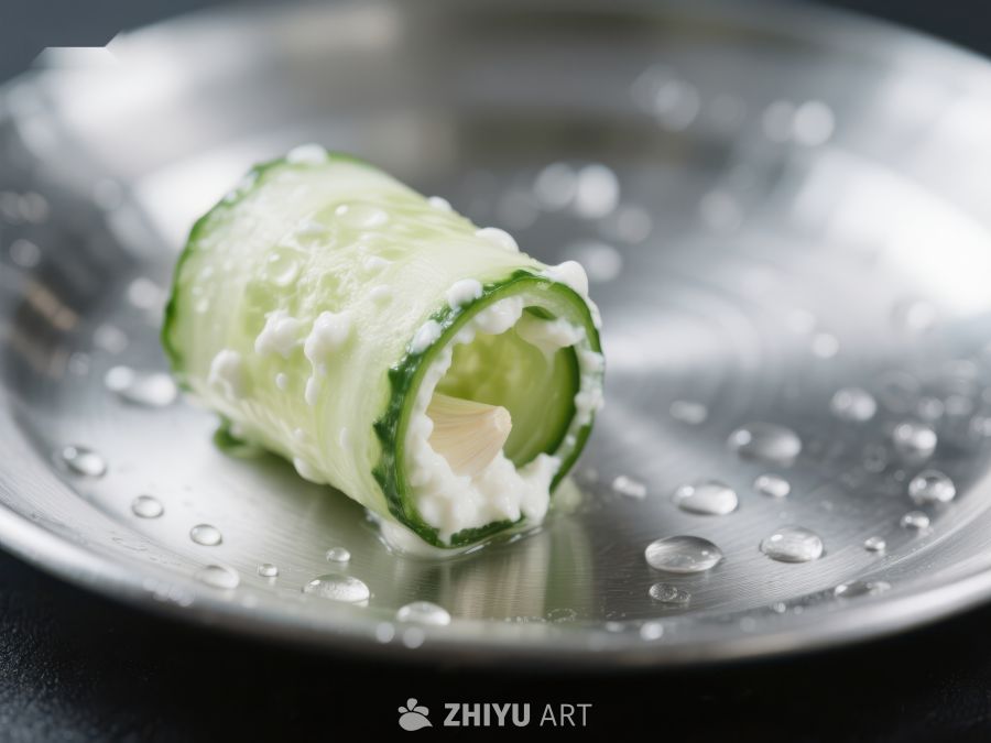 黄瓜卷配奶油，置于金属盘中 294