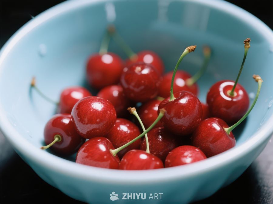 蓝碗中的鲜红樱桃 194