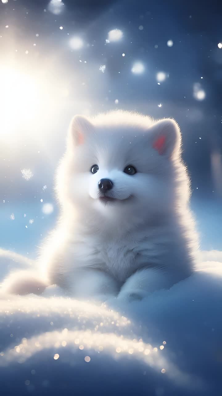 一只白色小狼崽将头转向光线。周围是白色的雪花，背景