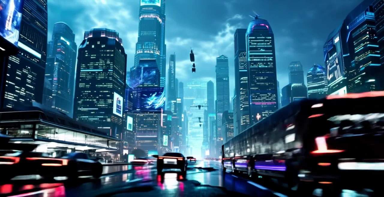 画面中呈现出一个现代都市的场景，各种高楼大厦林立，