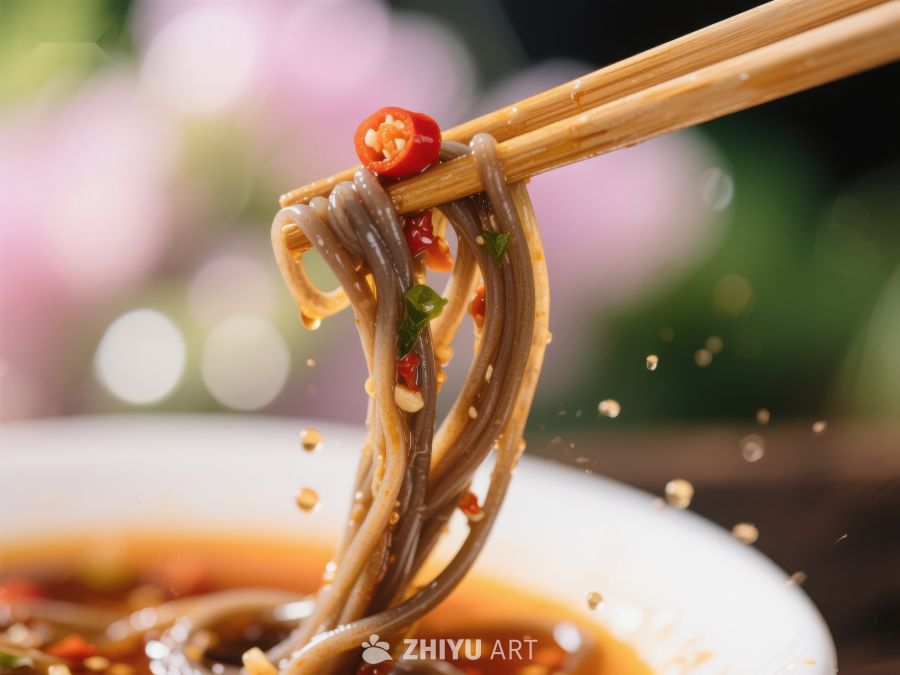 筷子夹起香辣面条，美味瞬间 728
