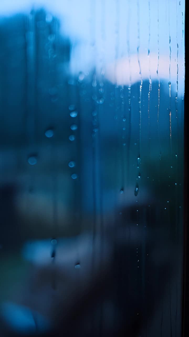 雨水顺着玻璃窗缓缓流下，形成一道道水痕。玻璃上可见