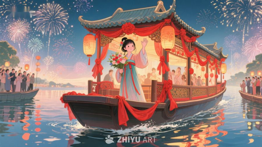 水上花灯游船，烟花绽放夜景 835