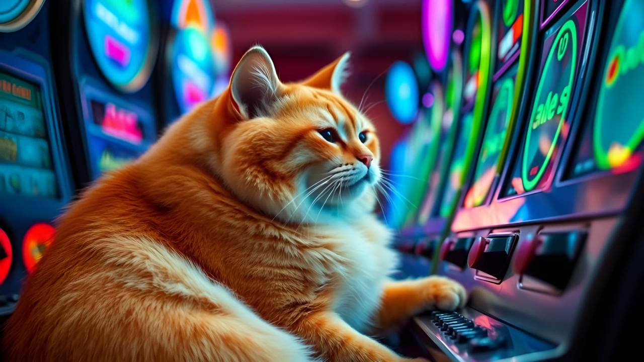 一只姜黄色的猫坐在一个老虎机前，老虎机闪烁着各种颜