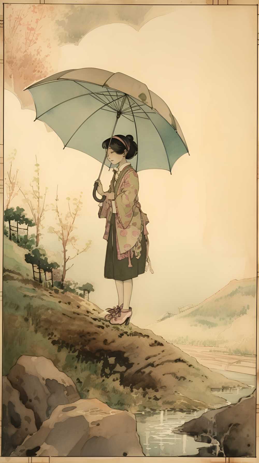 拿着伞的动画片女孩