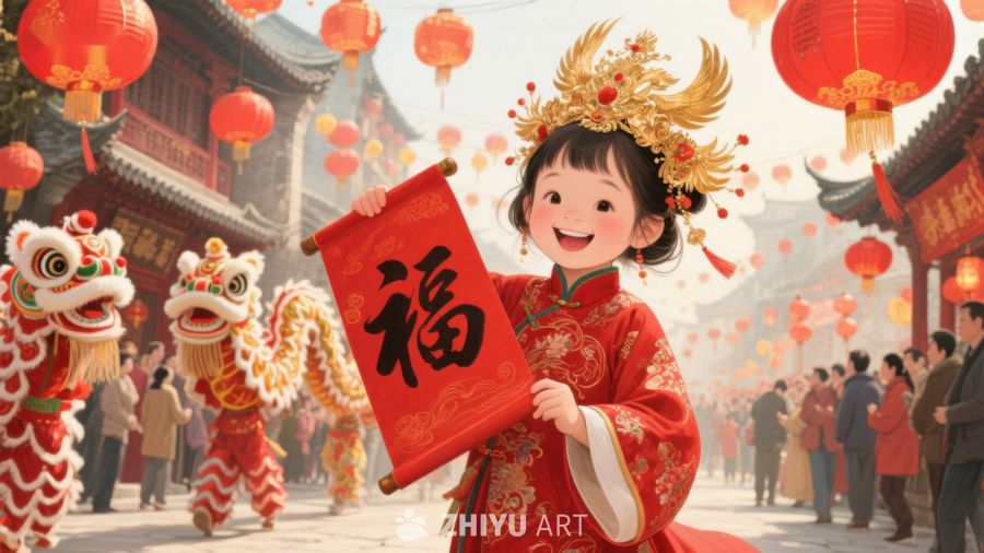 小女孩手持福字，欢庆春节 964