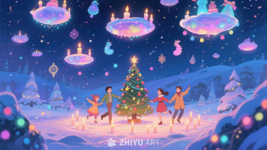 冬夜雪地里的圣诞树与飞碟 98