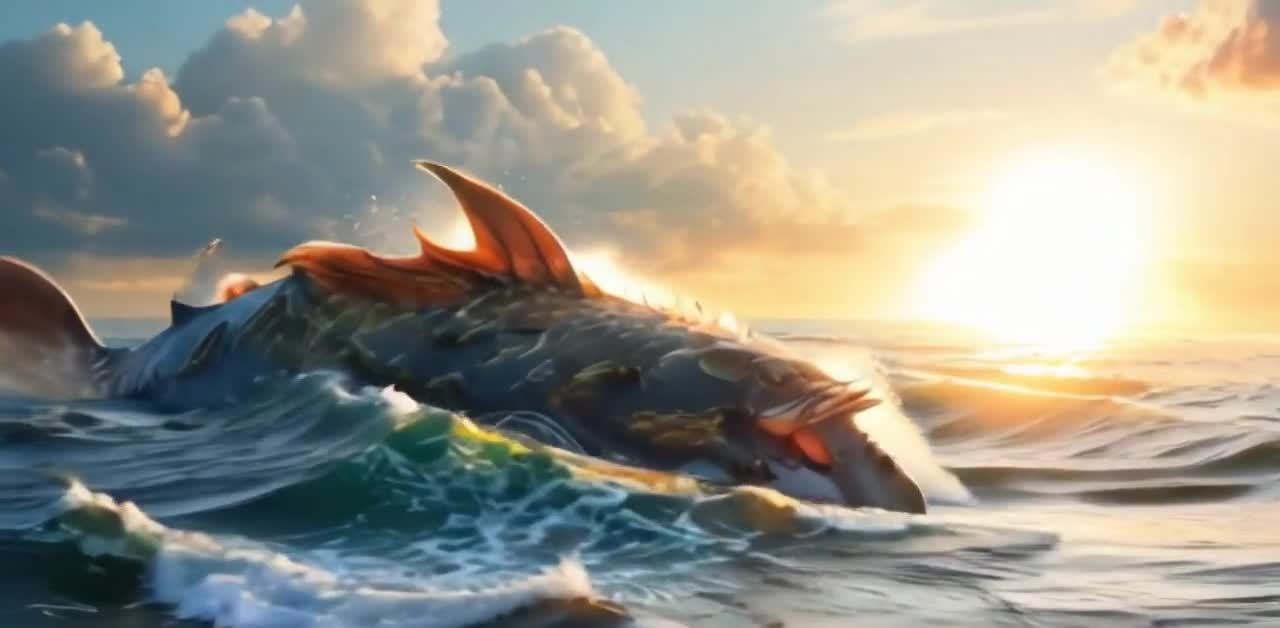 一条巨大的鱼漂浮在海面上，鱼的身体大部分浸在水中，