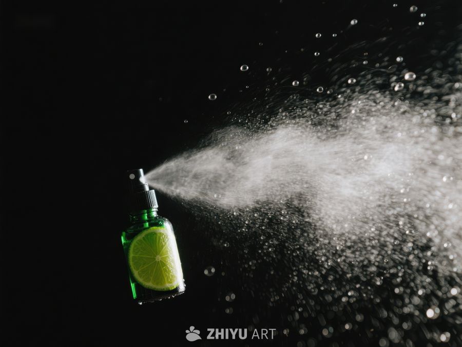 喷雾瓶喷洒液体，背景为黑色 321
