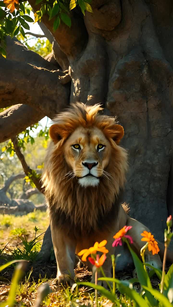 狮子莱奥坐在猴面包树的树荫下，观察着周围的丛林。作