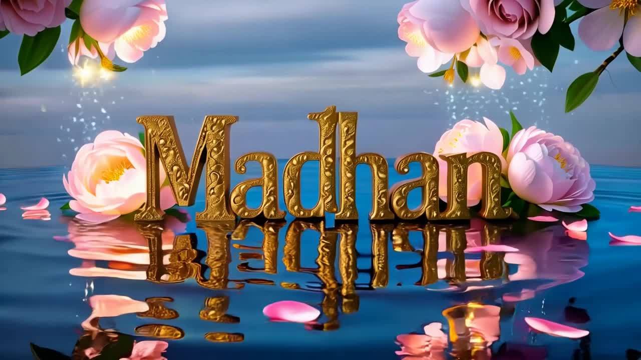 平静如镜的水面上漂浮着华丽的金色字母“MADHAN