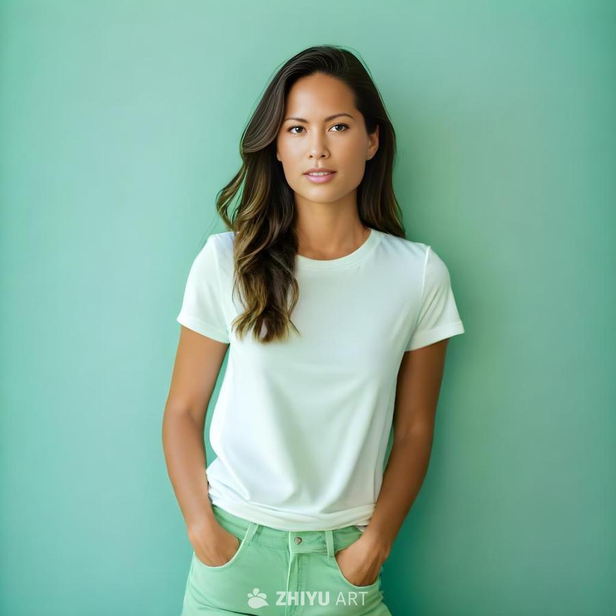 一名女性站在薄荷绿色的背景前，她穿着一件白色T恤，
