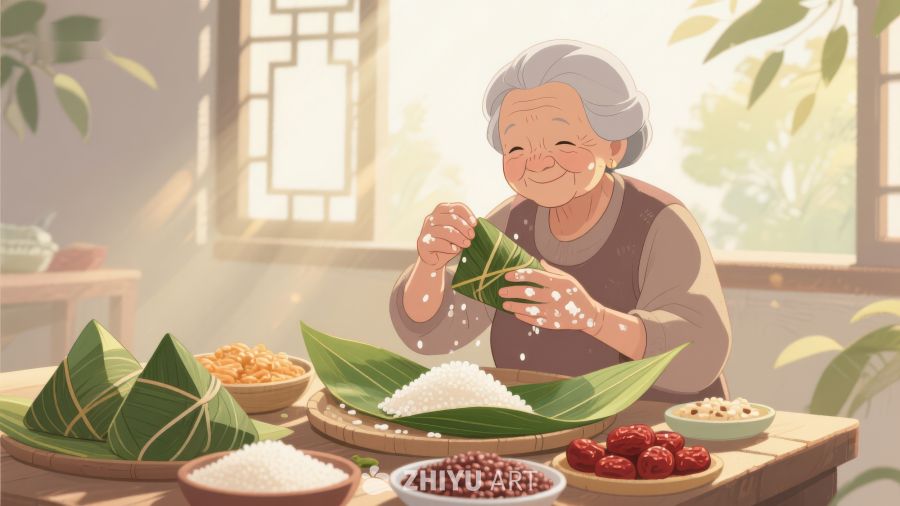 老人制作粽子的传统场景 229