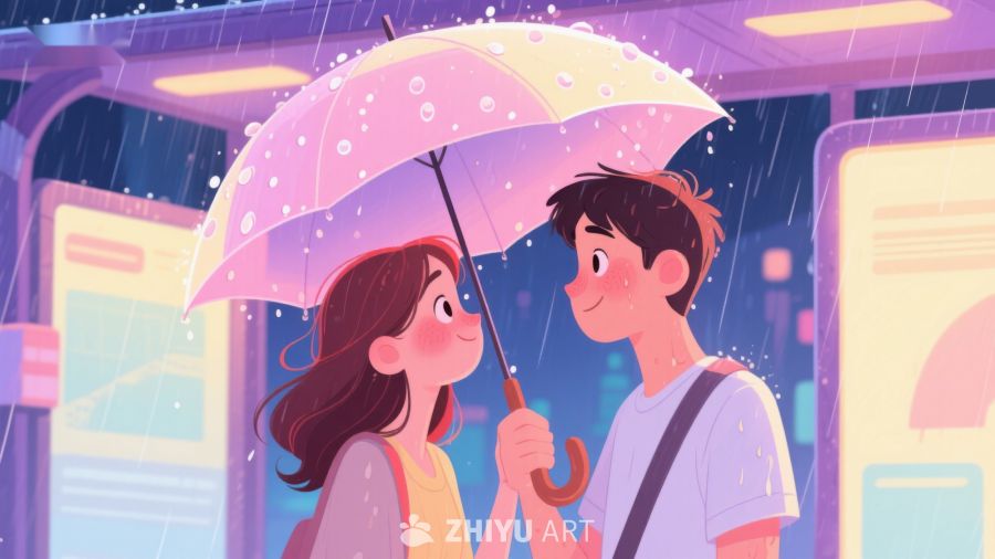 雨中情侣共享伞温馨时刻 643
