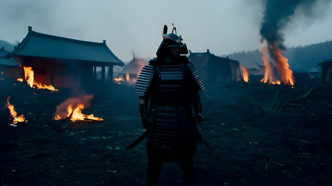 一名武士坚定地站在被烧毁的村庄废墟中。火焰舔舐着房