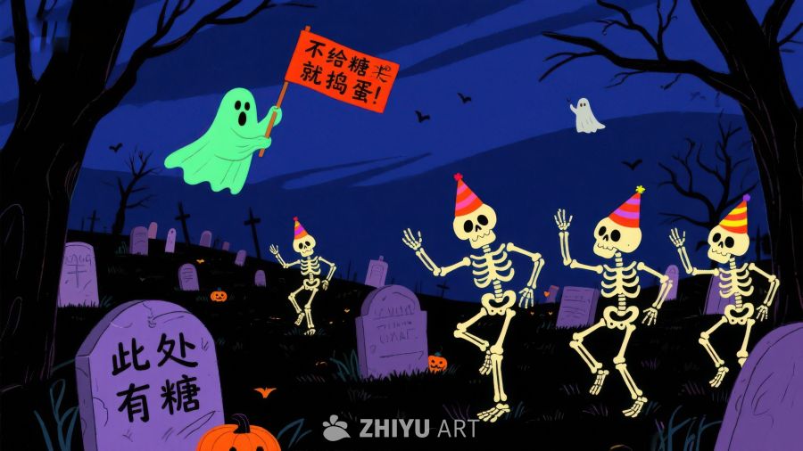 万圣节骷髅舞会，幽灵举牌邀糖