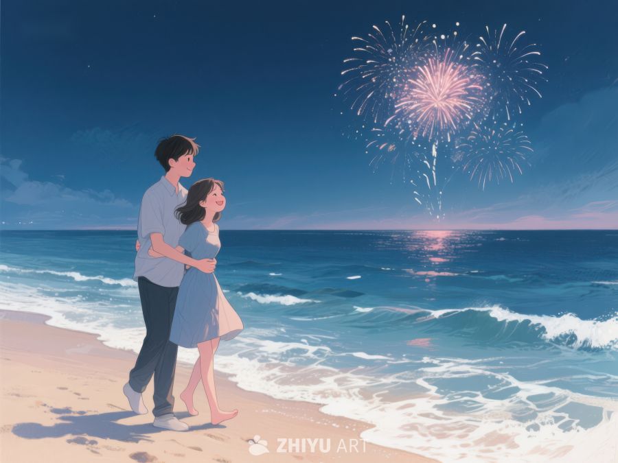 情侣海边观赏烟花 519