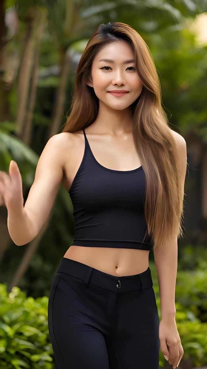 一个女人穿着黑色吊带背心和黑色裤子站立着，背景是绿