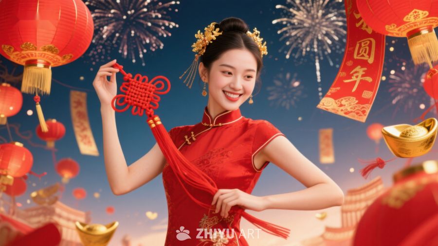 女子身着红色旗袍庆祝节日 71