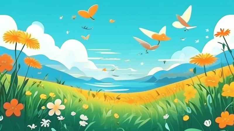 一个场景的草与鸟可爱的卡通风格 19