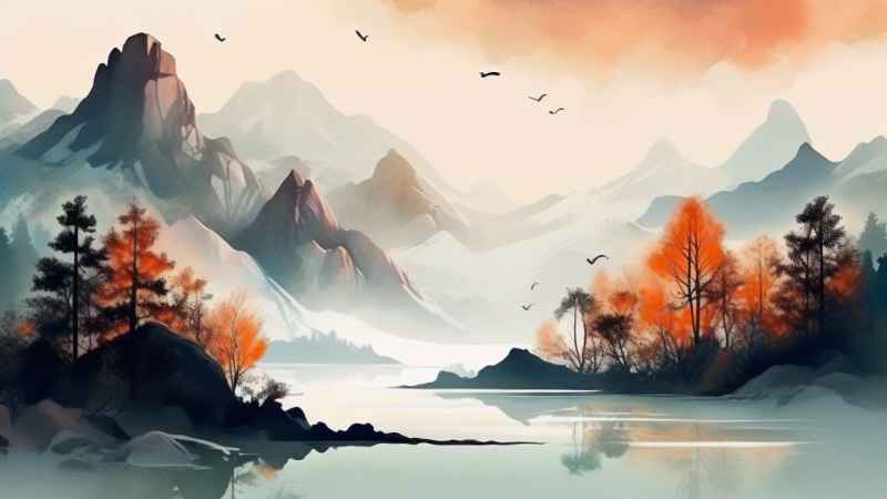 国风水彩画山水风景插画 18