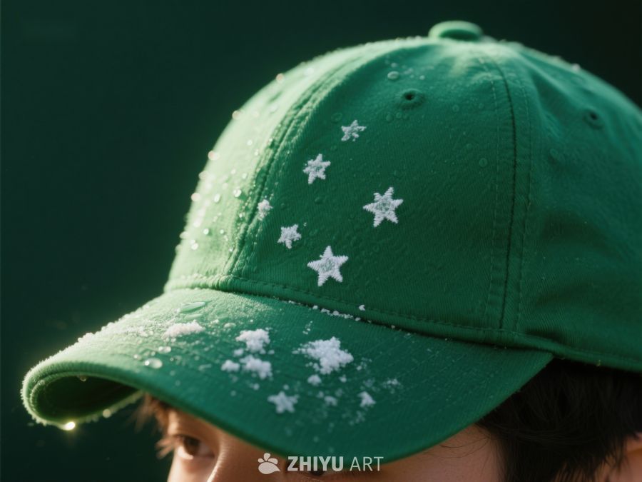 绿色帽子上的雪花与水珠 134