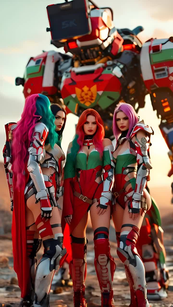 一群穿着色彩鲜艳未来服装的女性，包括红色披风，红色