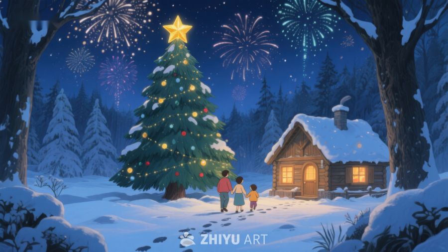 雪夜中的圣诞树与小屋 501
