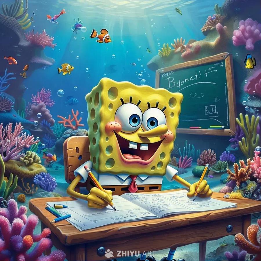 海绵宝宝坐在水下教室的桌子旁，手握铅笔在纸上写字，
