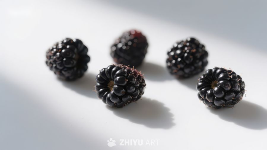 五颗黑莓静置于白色背景