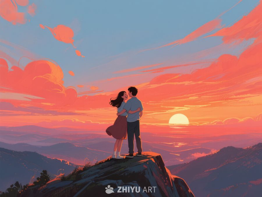 山顶情侣拥抱，共赏夕阳美景 645