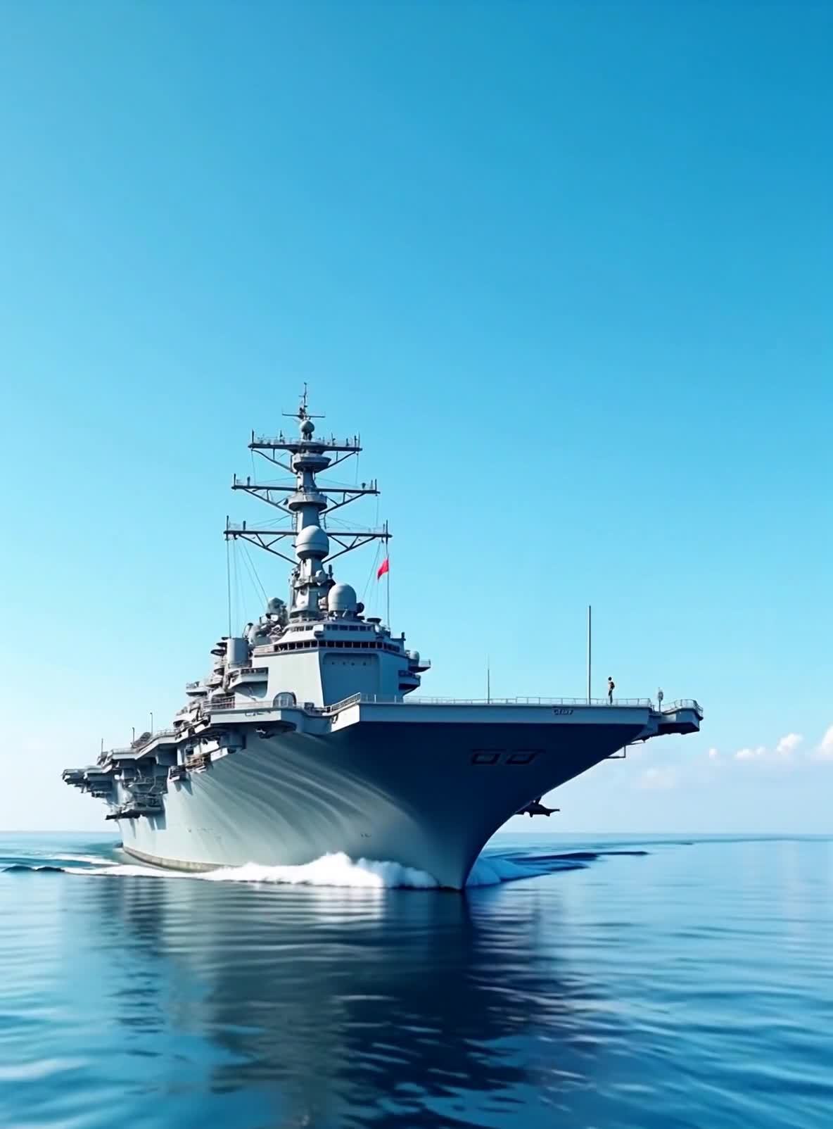 蓝色天空下航母在海面航行