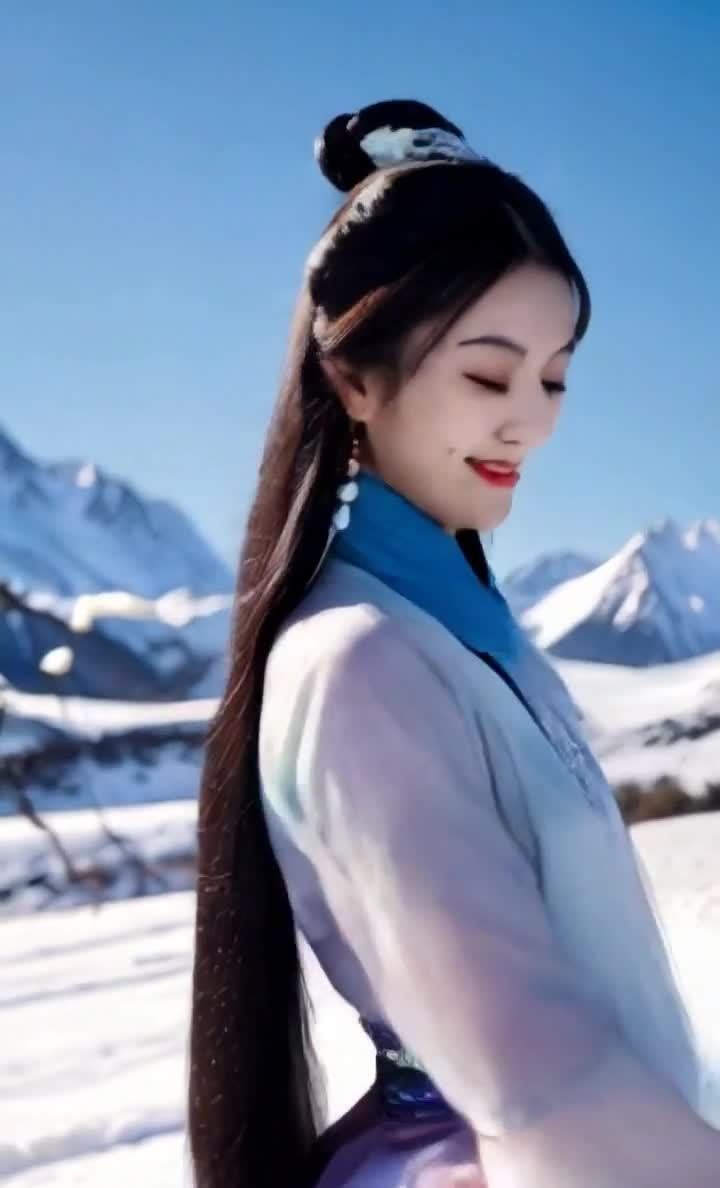 雪山蓝天下的古装美人，蓝色围巾，微笑凝视。