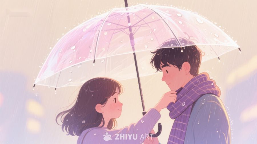 雨中情侣共撑透明伞温馨互动 668
