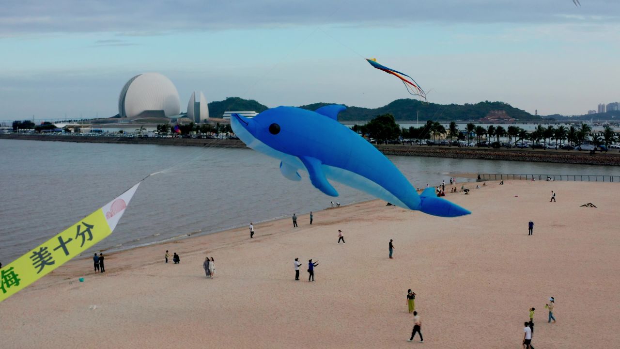 珠海日月贝与海豚造型风筝同框
