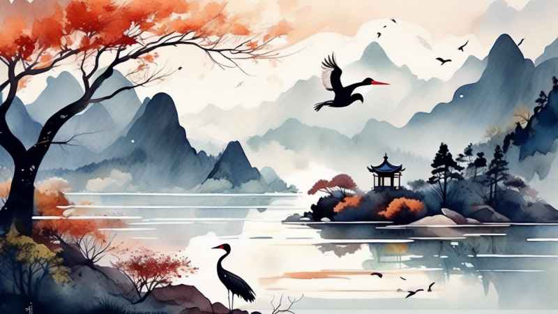 国风鹤山水风景插画 2