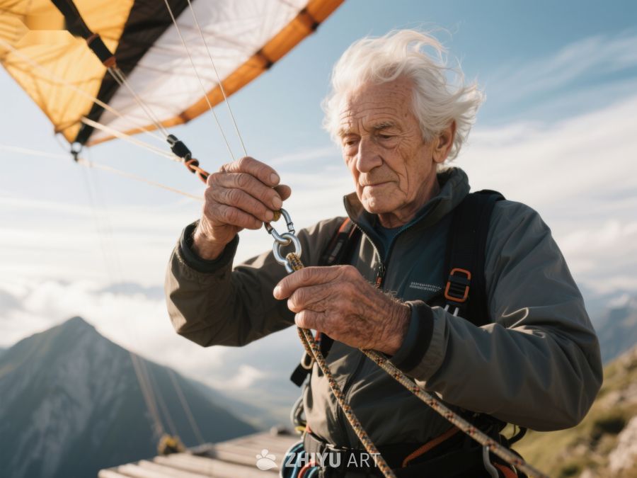 老人在山间准备滑翔伞 536