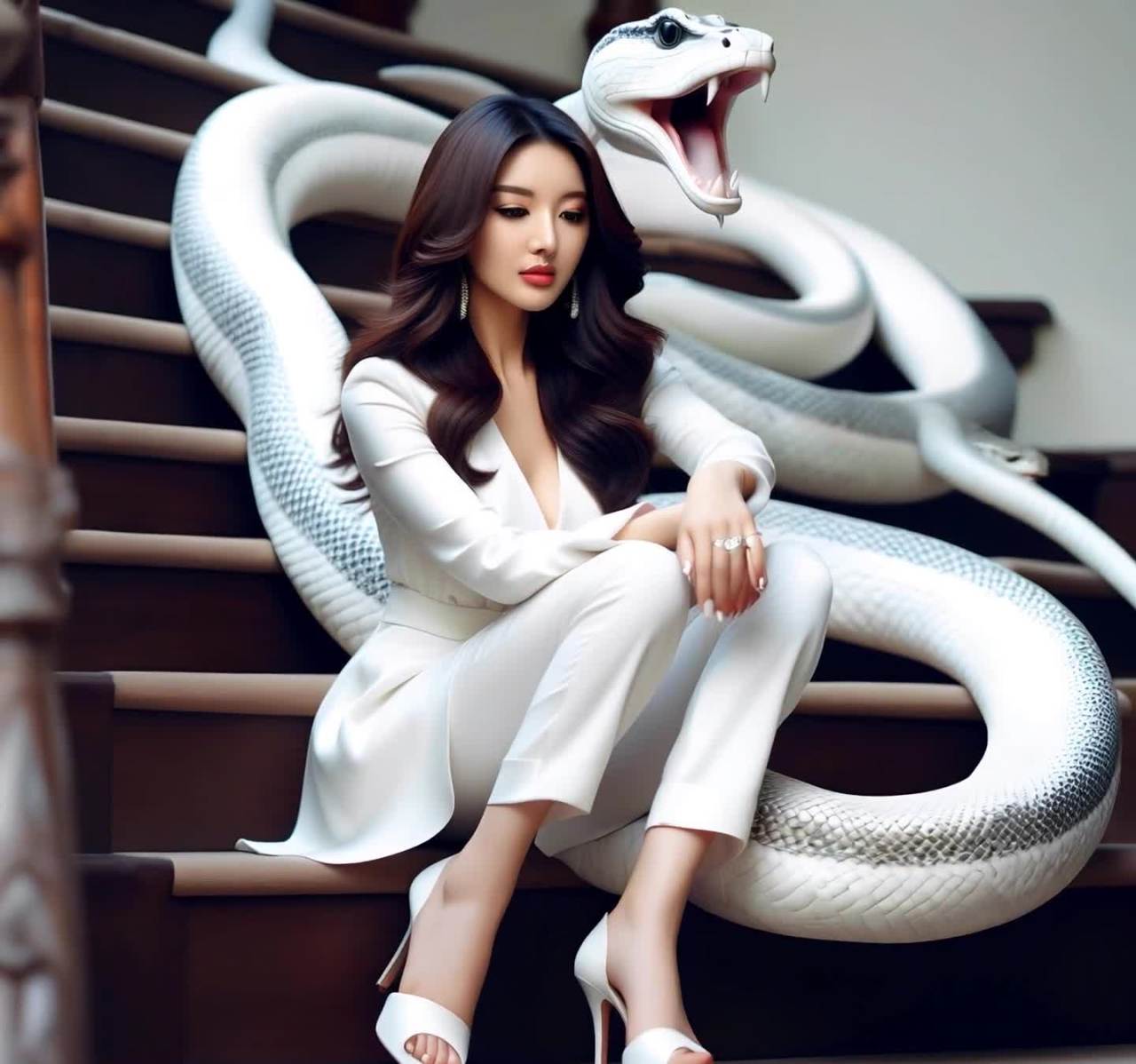 一位身穿白色西装的女子坐在木质楼梯上。她的长发呈波