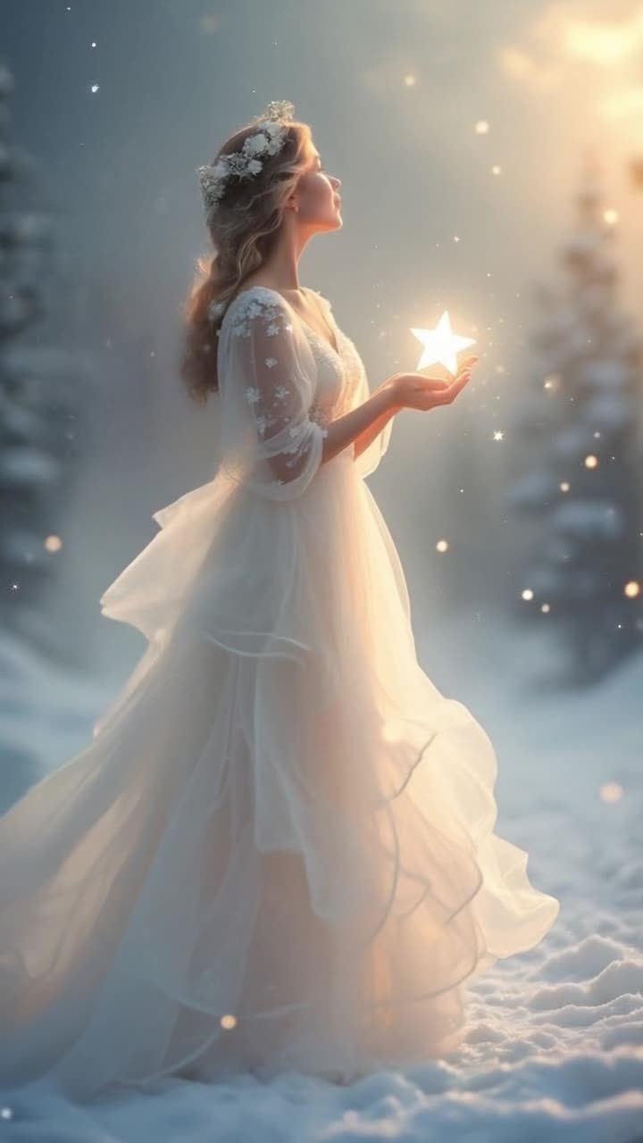 一个身穿白色连衣裙的女人站在雪地里，手里拿着一颗白