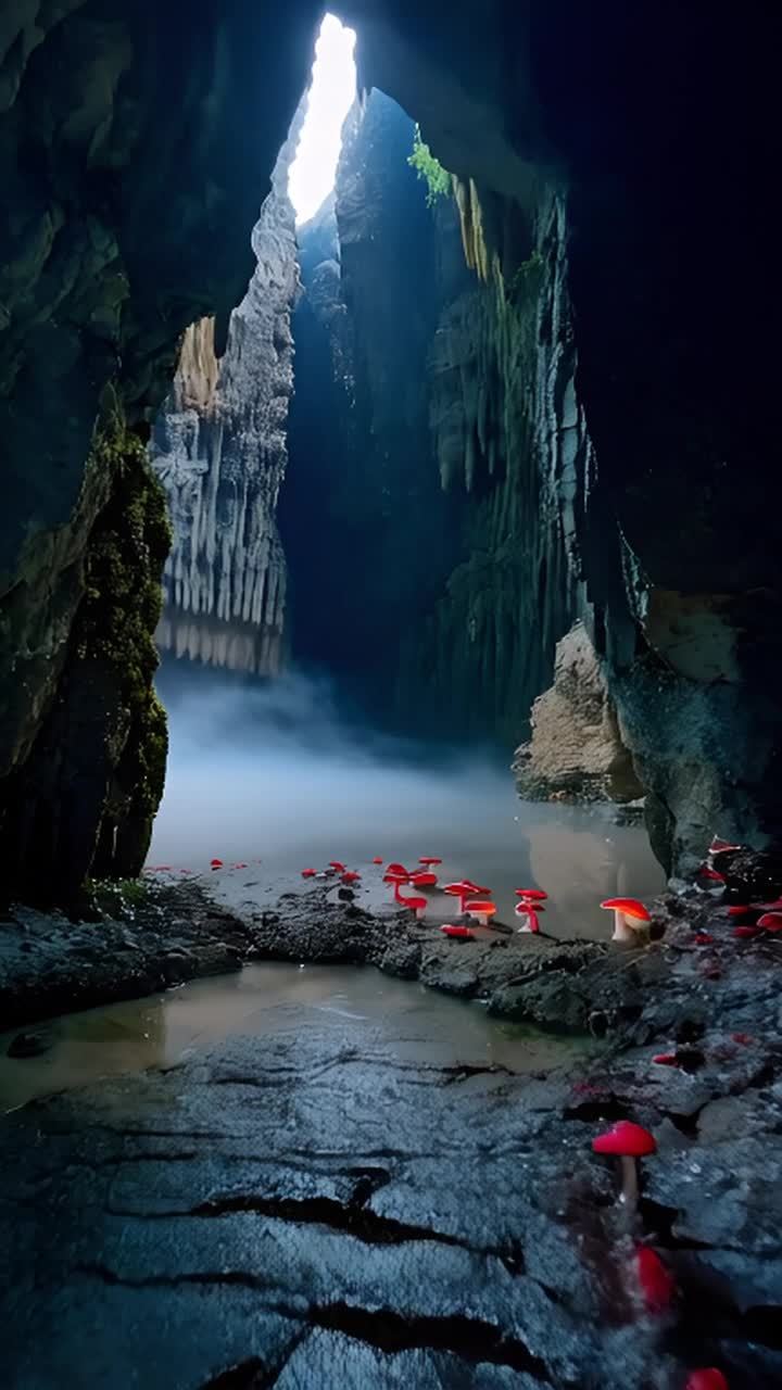 岩石构造的洞穴，岩石表面有裂缝、沉积层和潮湿的苔藓
