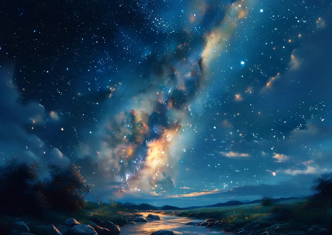 星空下的河流与山脉，梦幻夜景的绝美意境。
