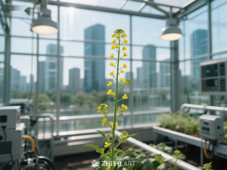 温室中的油菜花与城市天际线 409