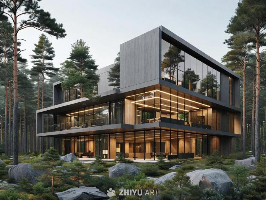 树林中有一栋办公楼。该建筑采用现代设计，拥有大面积