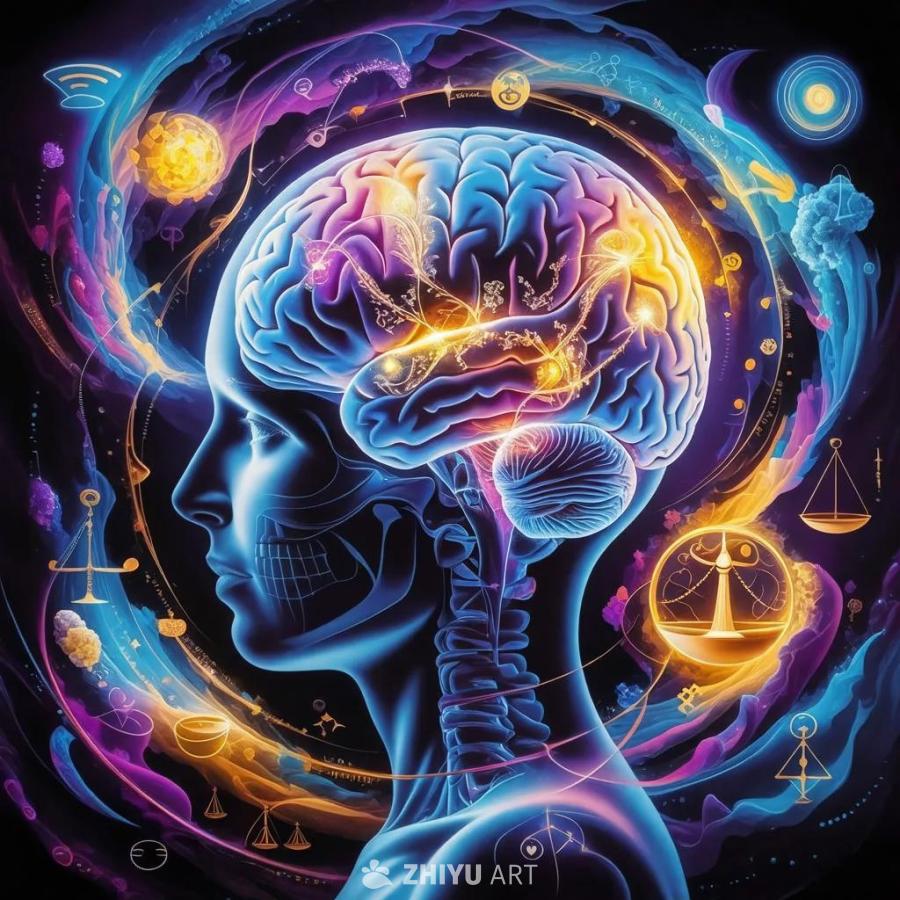 一个发光的蓝色人头侧面像，头部内部呈现大脑的轮廓。